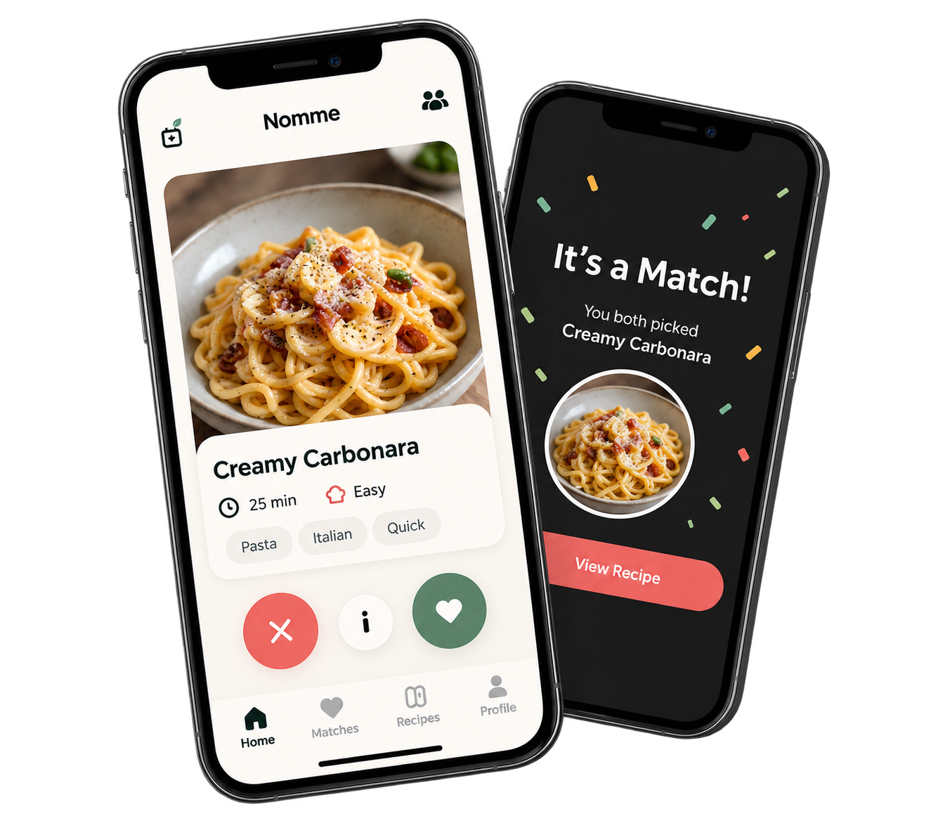 Two phones: swiping a recipe card, and a match screen showing the dish you both picked.