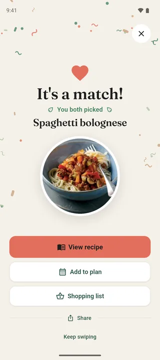 Nomme's match screen: It's a match! You both picked spaghetti bolognese.
