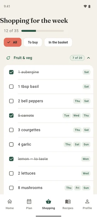 Nomme's shared shopping list for the week, grouped by aisle, with some items ticked off.